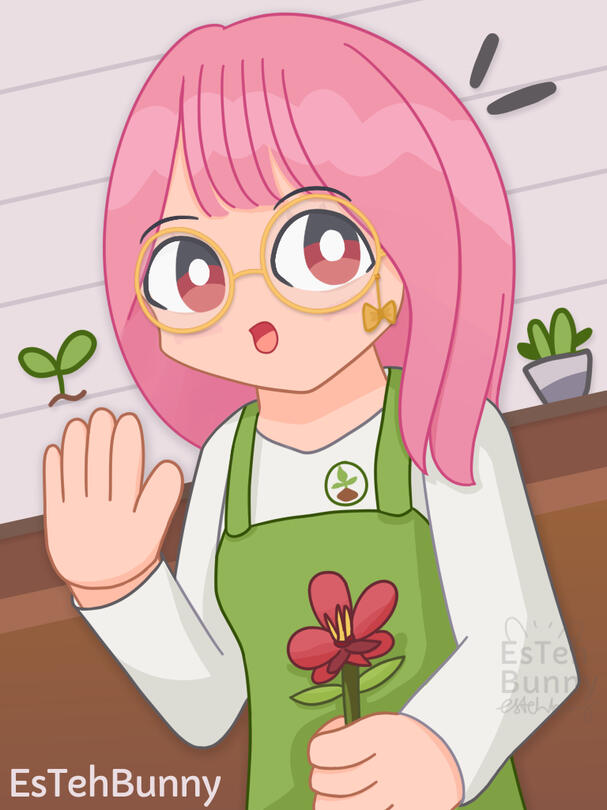 Pink short hair girl, wearing white dress with green apron, feat gold round glasses, holding flower, waving at player, decorative kawaii plant doodles, white planks - pine wood wall background, in plant store