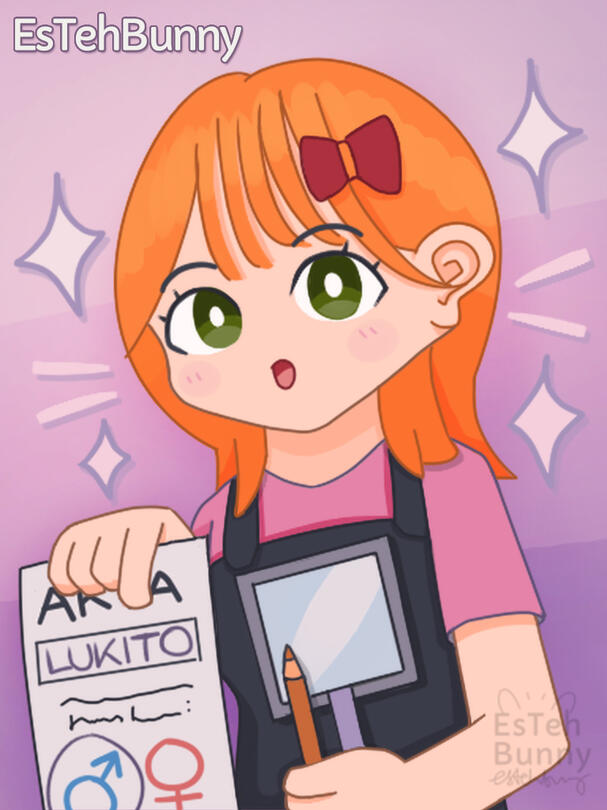 Ginger short hair girl with hair ribbon, pink dress with apron, holding mirror, make up pencil, and name certificate